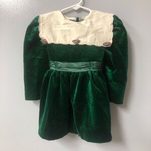 vintage velvet green dress girls doll size belted waist rose no size READ